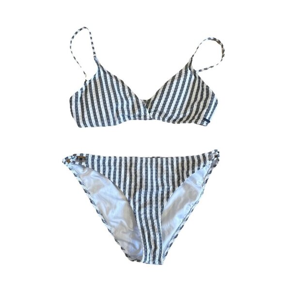 Volcom Medium Bikini striped textured   swimsuit Blue White Top Bottoms Set - Picture 1 of 11